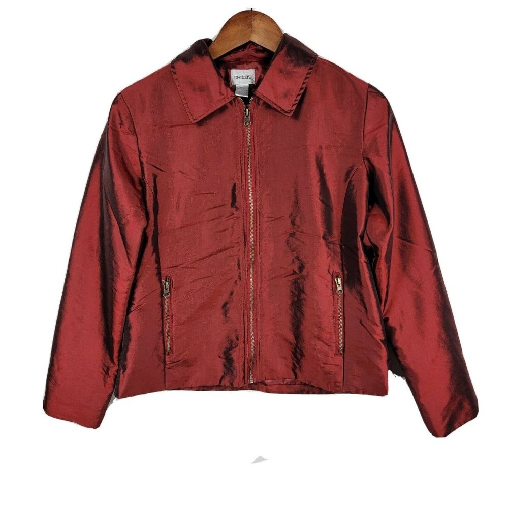 Chico's Womens Red Metallic Full Zip Blazer Jacket Size 0